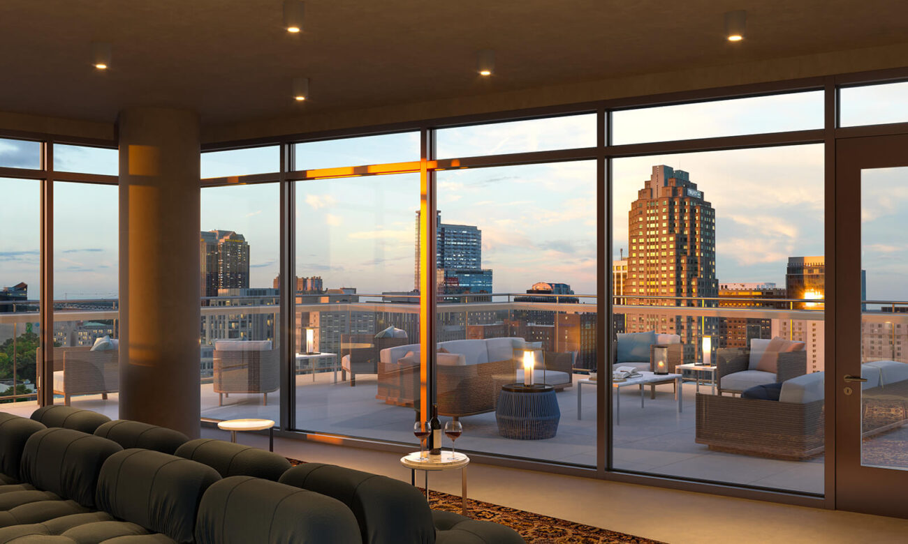 View of West Lenoir's outdoor seating area with a view of the city.